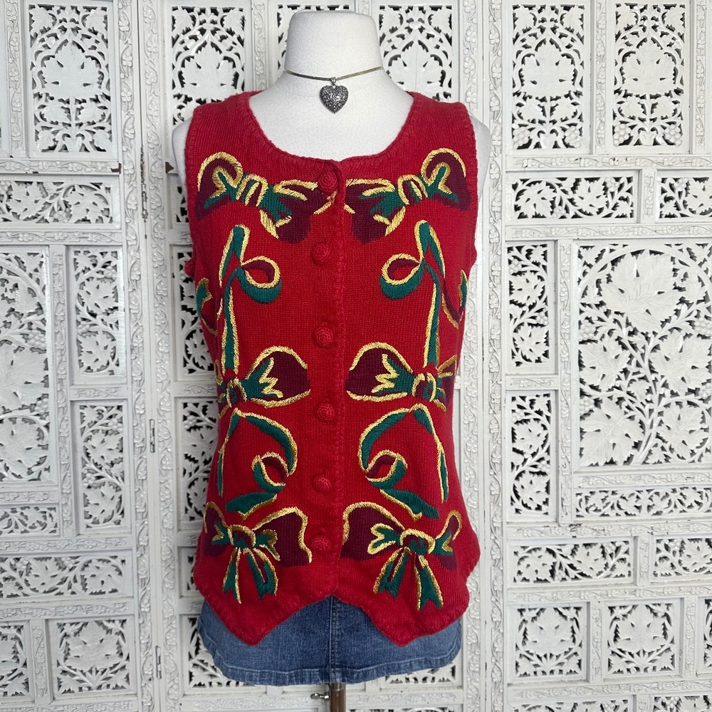 Vtg‎ Express Tricot Red Bow Holiday Christmas Button Up Granny Sweater Vest Sz M